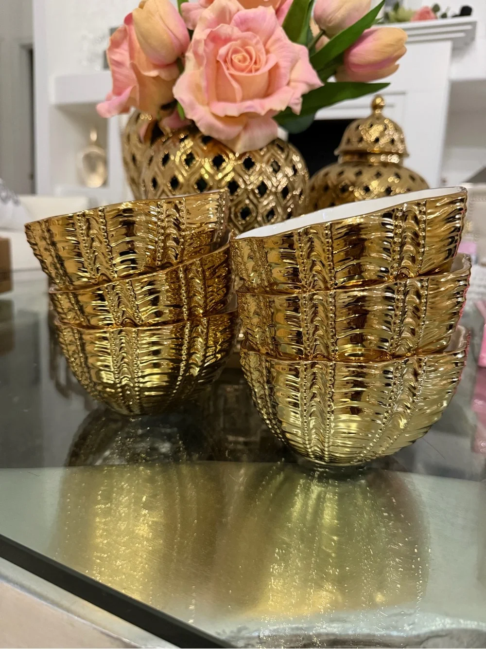 Set of 6 Elegant Gold Ceramic Serving Bowl Fable Aura Bowl, 5.5